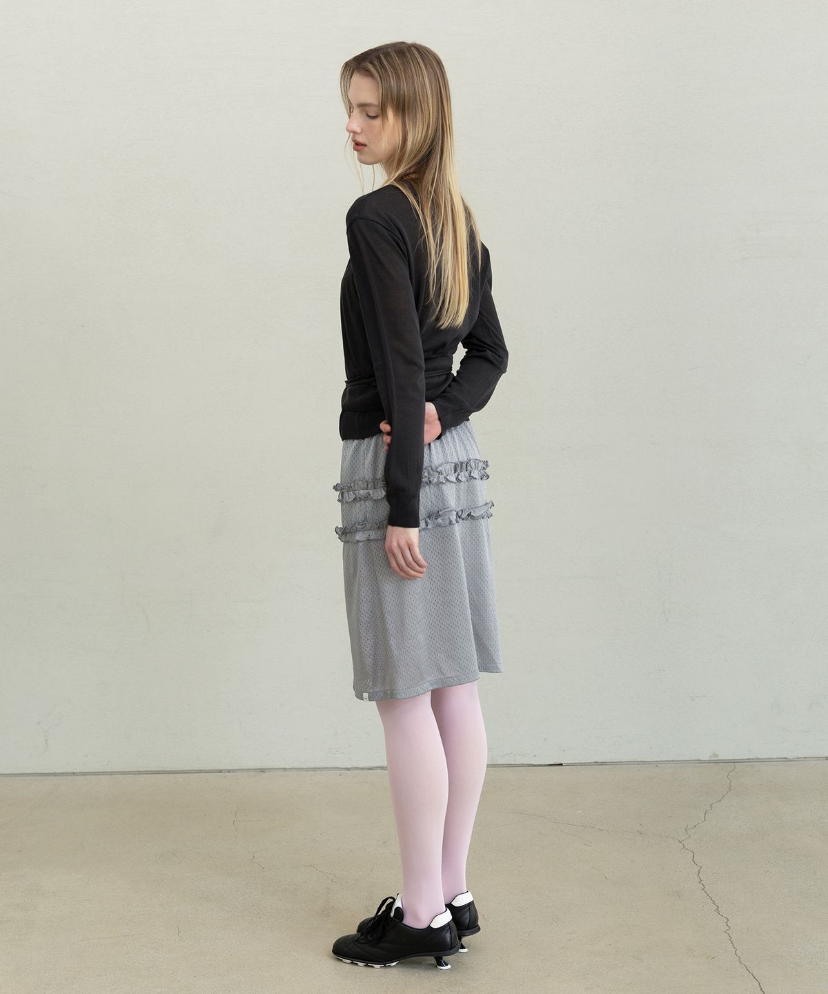 포에브(POEV) Mesh Frill Midi Skirt - Silver