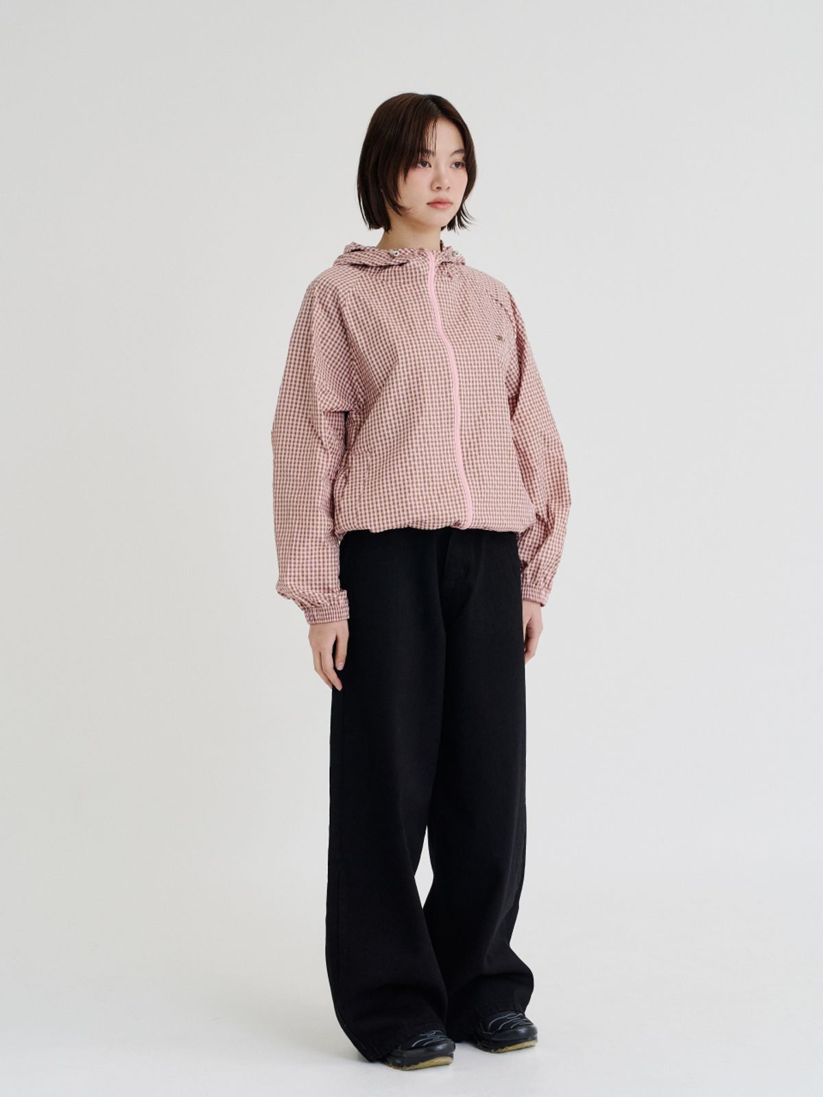 레피어(REPPIER) Check Hooded Windbreaker (Pink Brown)
