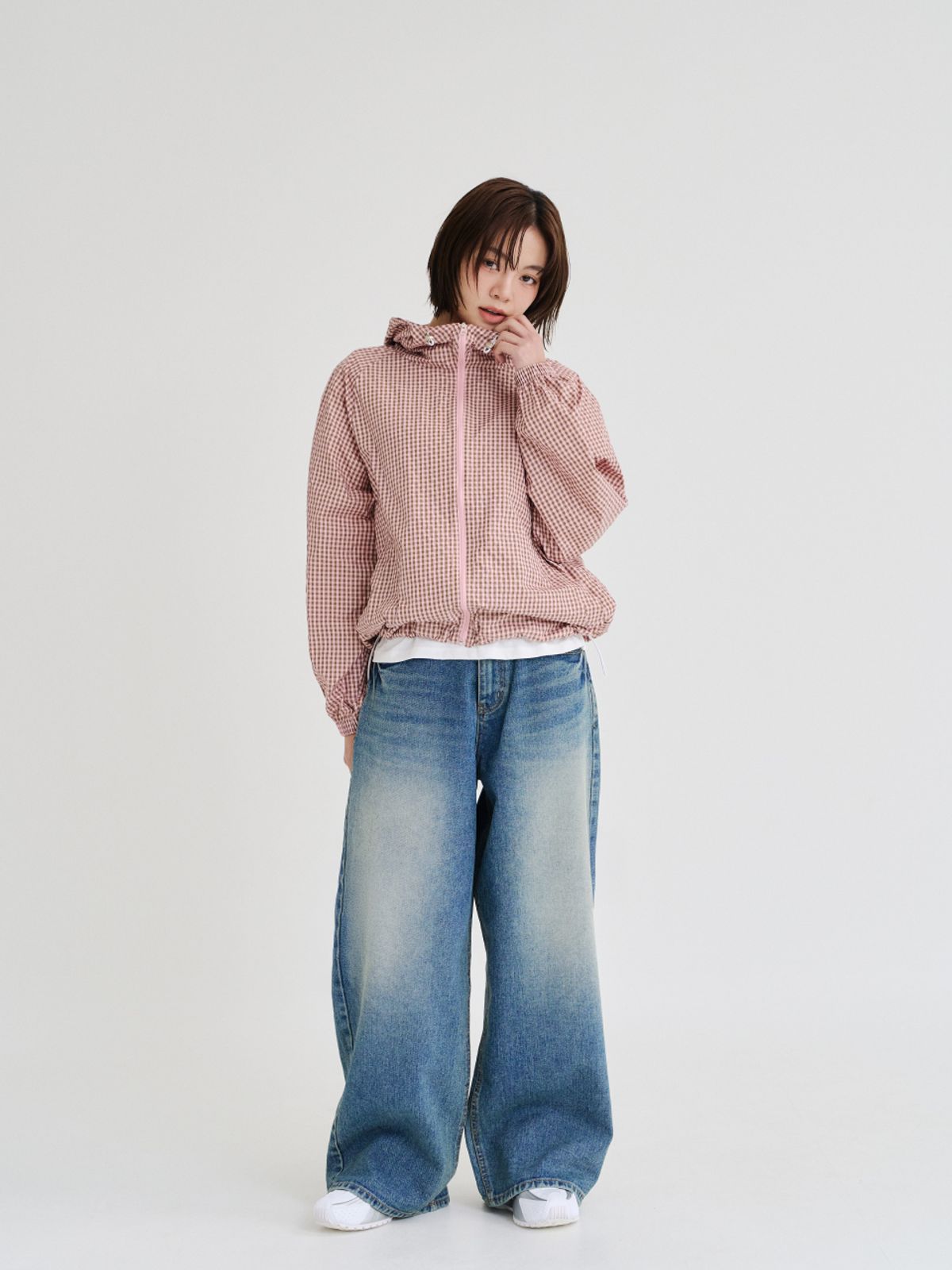 레피어(REPPIER) Check Hooded Windbreaker (Pink Brown)