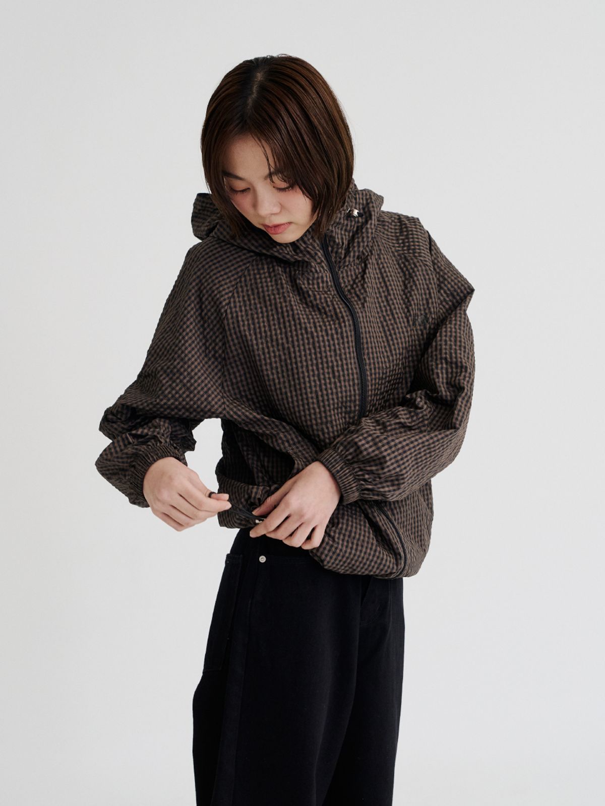 레피어(REPPIER) Check Hooded Windbreaker (Brown Black)