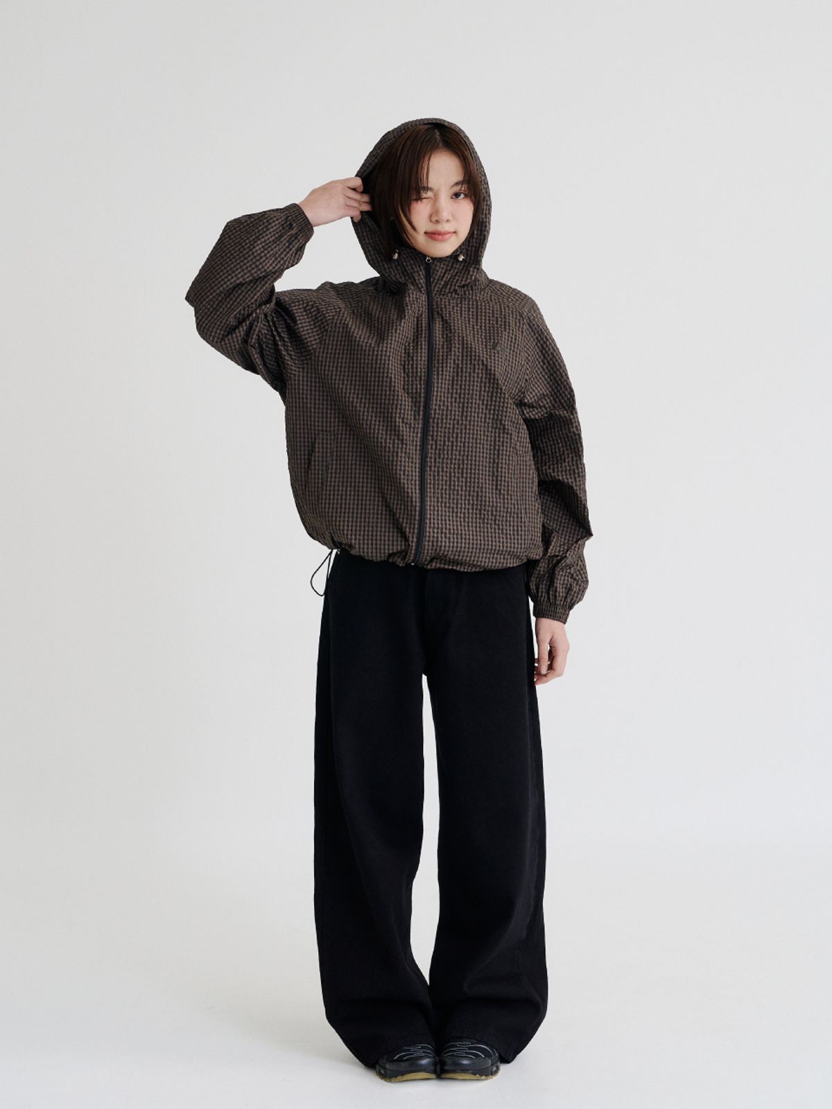 레피어(REPPIER) Check Hooded Windbreaker (Brown Black)