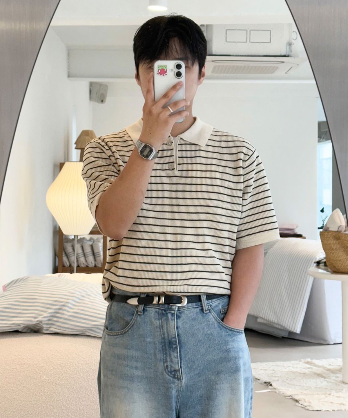 키뮤어(KIIMUIR) 스트라이프 티에리 하프 니트_아이보리