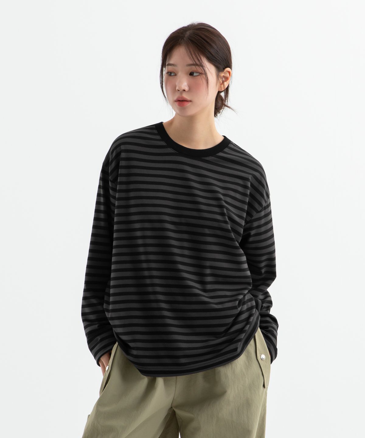 브렌슨(BRENSON) 오버핏 1:1 스트라이프 긴팔티 ( 5Color )
