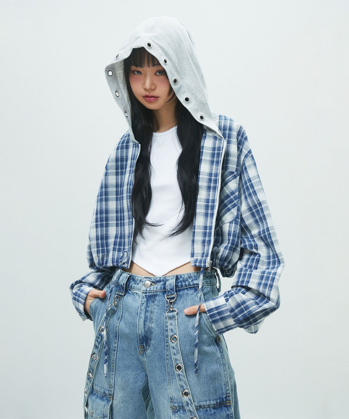 라라폭스(LALAFOX) CHECK HOODIE ZIP-UP 체크후드집업 NAVY BR2WJ004