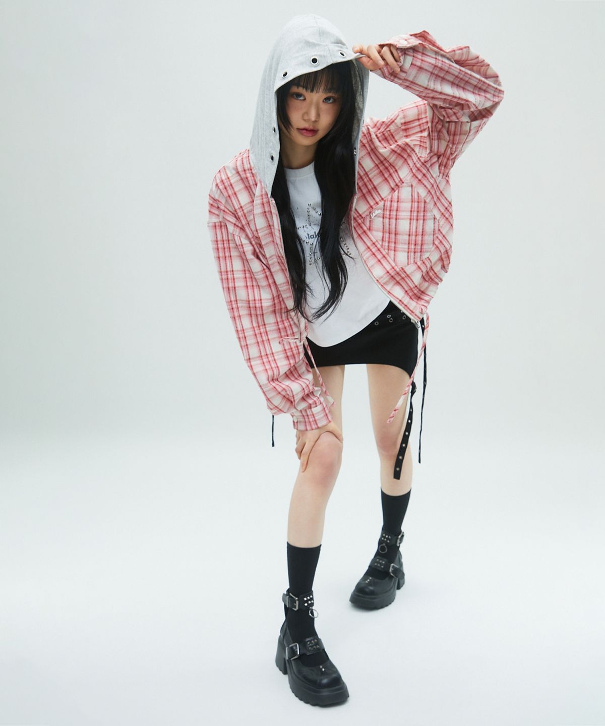 라라폭스(LALAFOX) CHECK HOODIE ZIP-UP 체크후드집업 PINK BR2WJ003