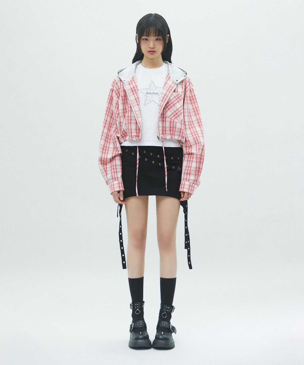 라라폭스(LALAFOX) CHECK HOODIE ZIP-UP 체크후드집업 PINK BR2WJ003