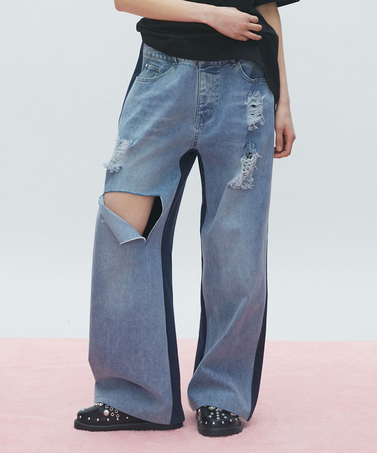 라라폭스(LALAFOX) HALF DENIM HALF SWEAT PANTS 데님 스웻 팬츠 BLUE BR2DP002