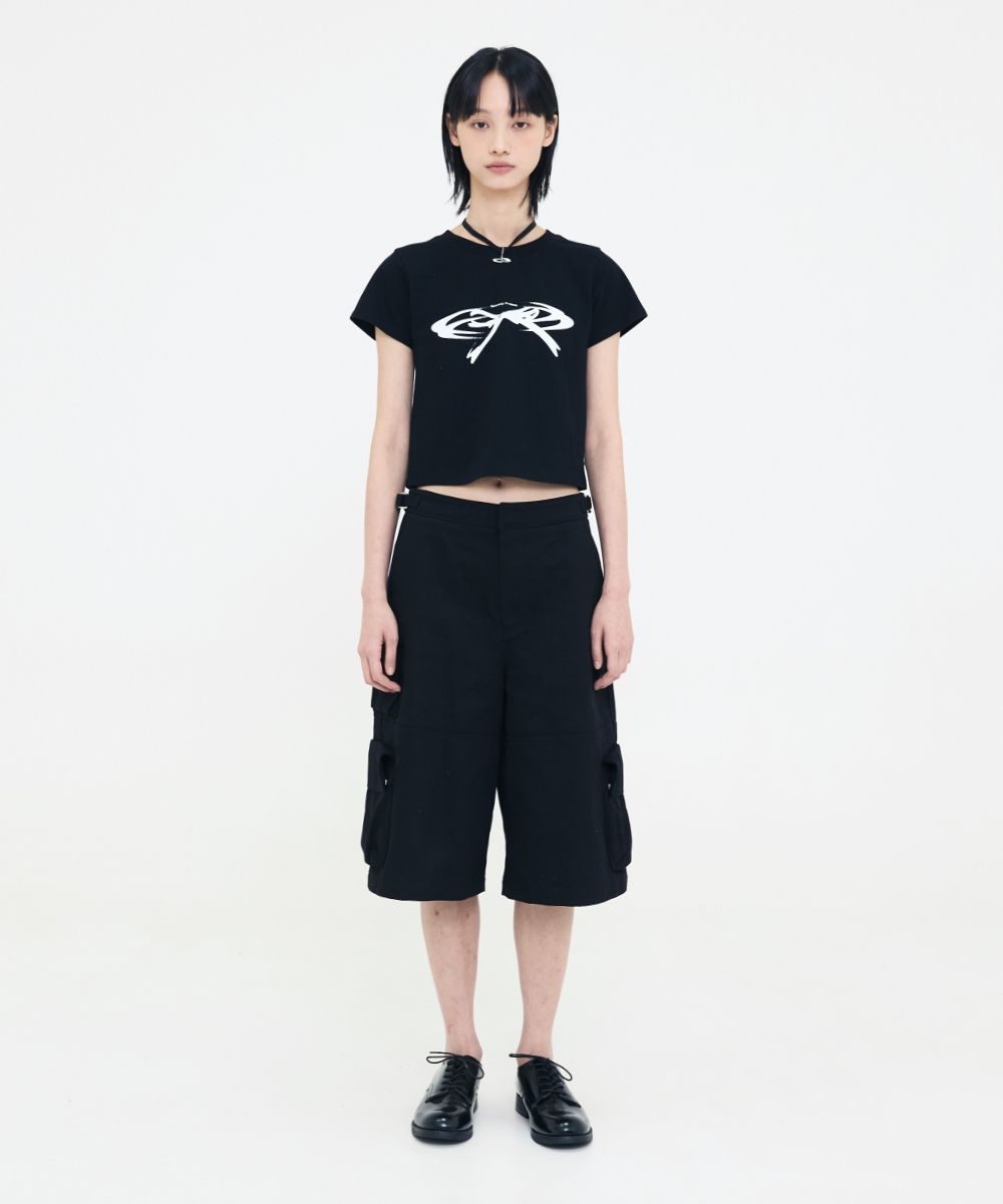 MUSINSA | OPENING PROJECT W Cropped Ribbon Half T Shirt - Black