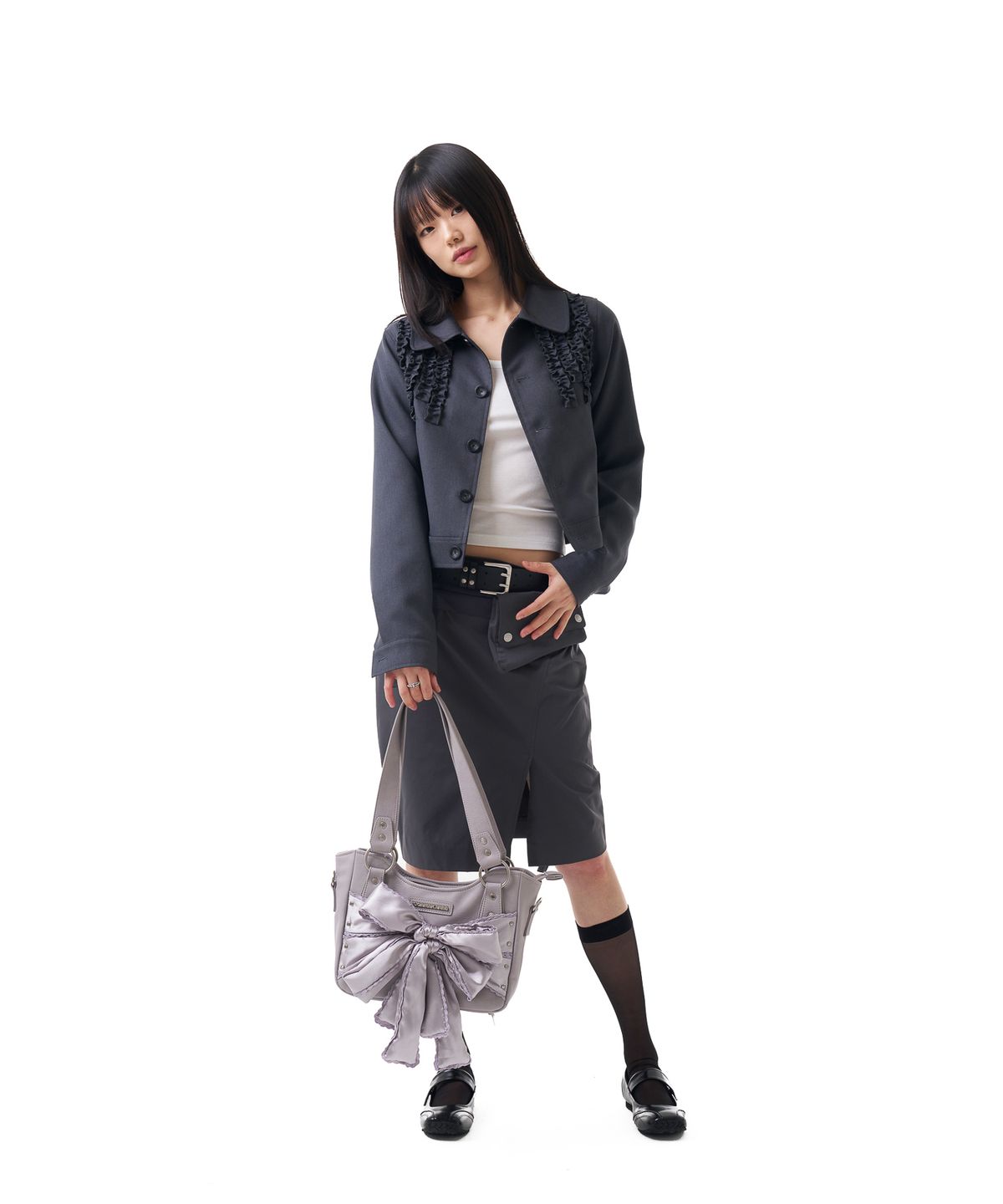이우가마카라스(IUGAMAKARAS) Laced Ribbon Leather Shoulder Bag (Light Purple)