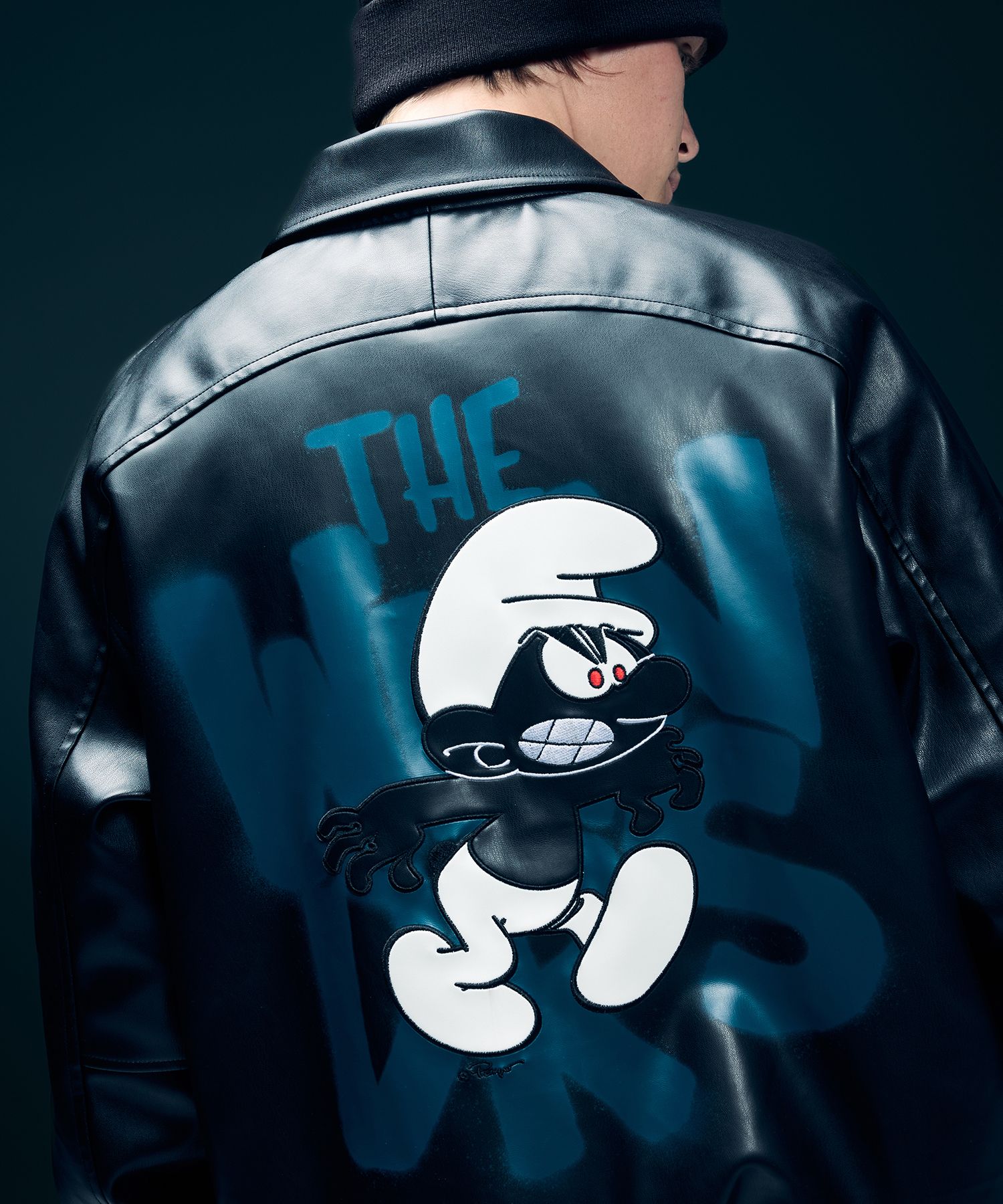 ★2025SS新作★WKNDRS X SMURFS★SPRAY LEATHER JACKET MUSINSA | WKNDRS SPRAY LEATHER JACKET (BLACK)