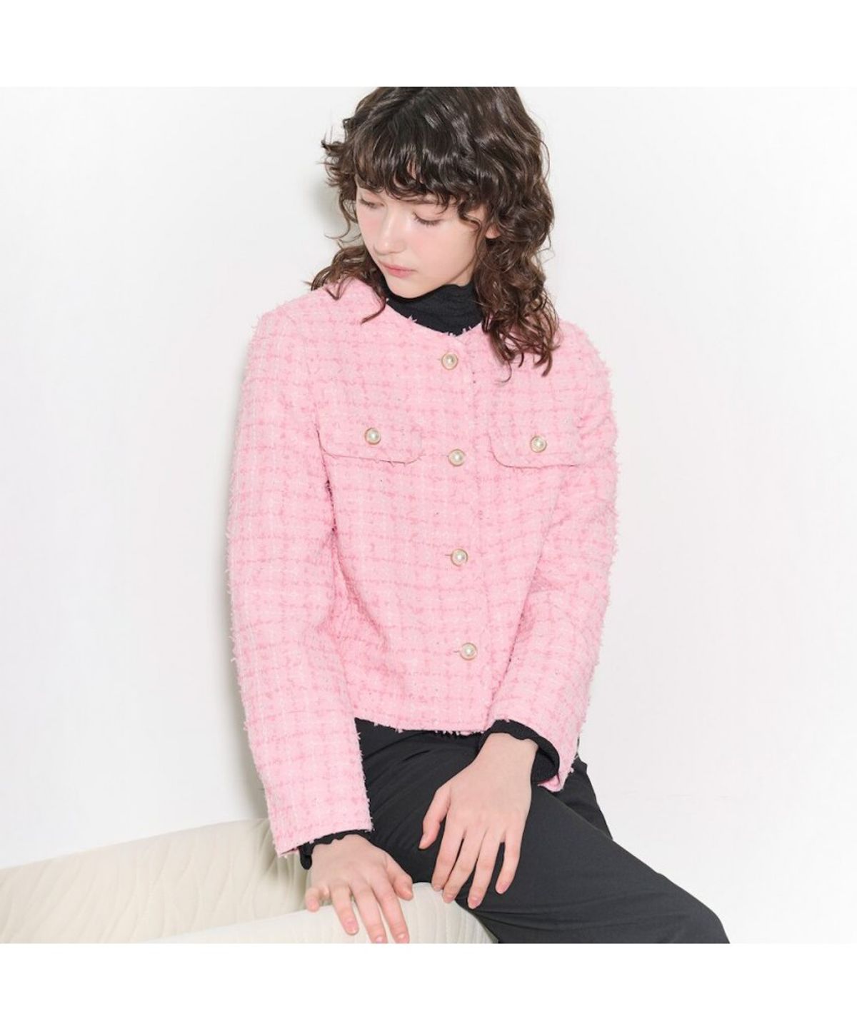 빈폴 레이디스(BEANPOLE LADIES) [B. my] 트위드 라운드넥 재킷  핑크 (BF5211N01X)