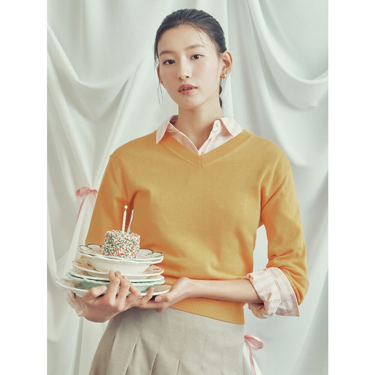 빈폴 레이디스(BEANPOLE LADIES) [B. my] 코튼 V넥 긴소매 니트  오렌지 (BF5251N018)