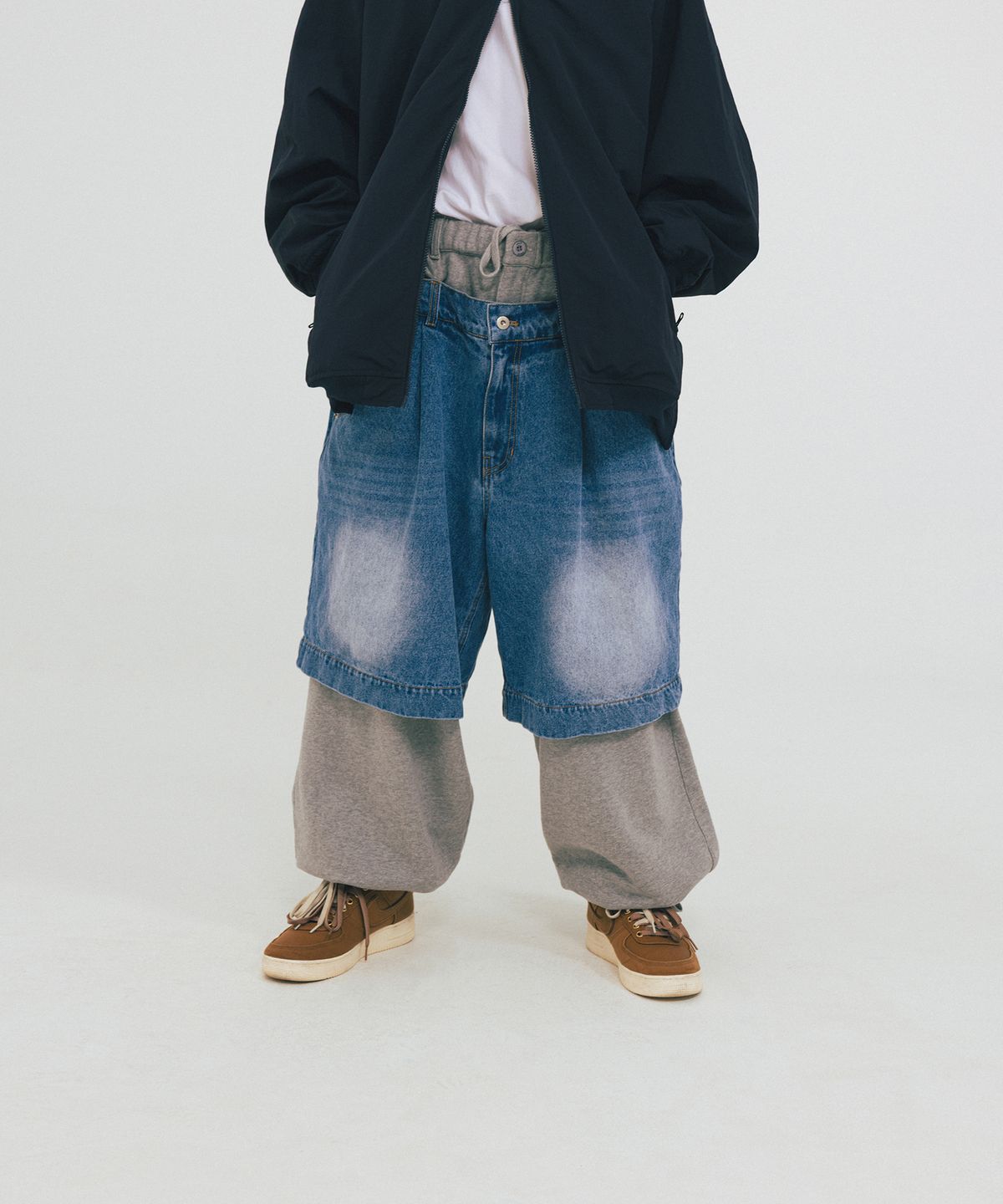 앵글런(ANGLAN) Denim Layered Sweat Pants - Melange Grey