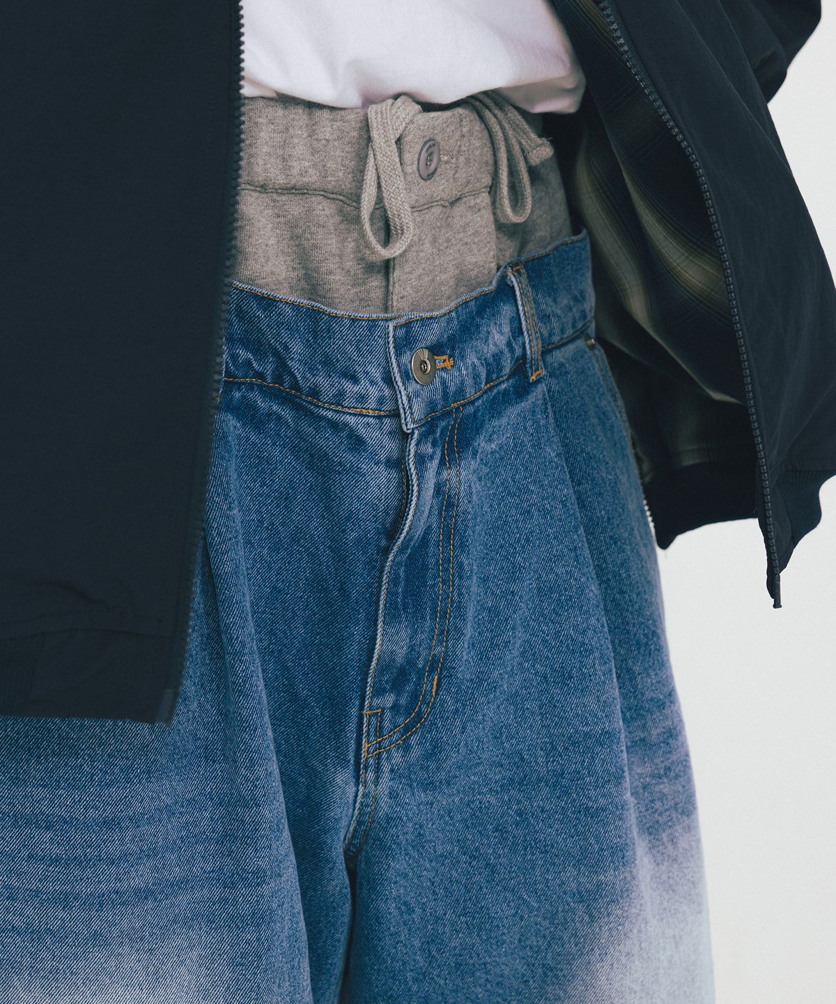 앵글런(ANGLAN) Denim Layered Sweat Pants - Melange Grey