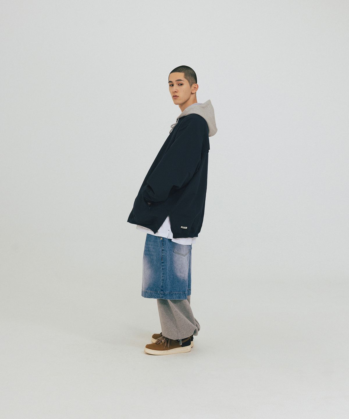 앵글런(ANGLAN) Denim Layered Sweat Pants - Melange Grey