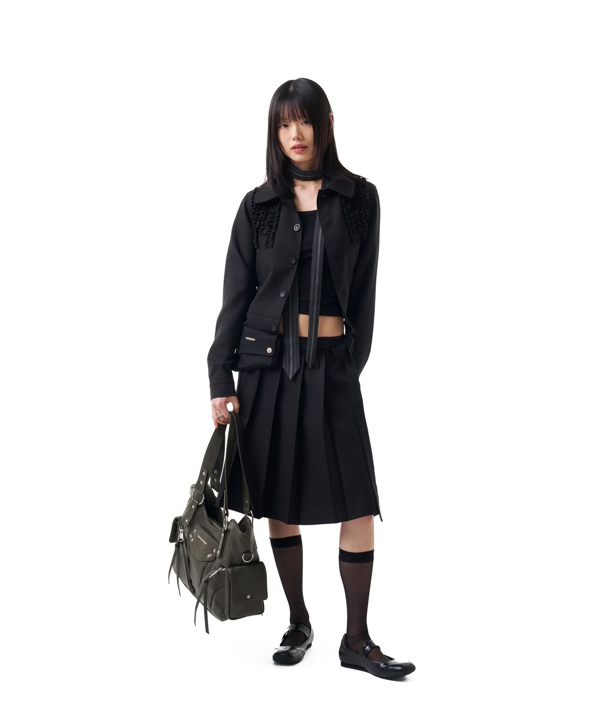 이우가마카라스(IUGAMAKARAS) Belted Bag Pleats Midi Skirt (Black)