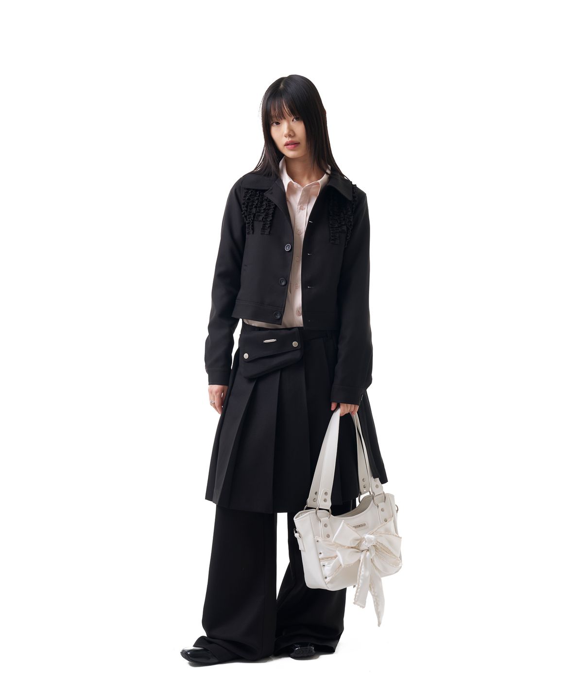 이우가마카라스(IUGAMAKARAS) Belted Bag Pleats Midi Skirt (Black)