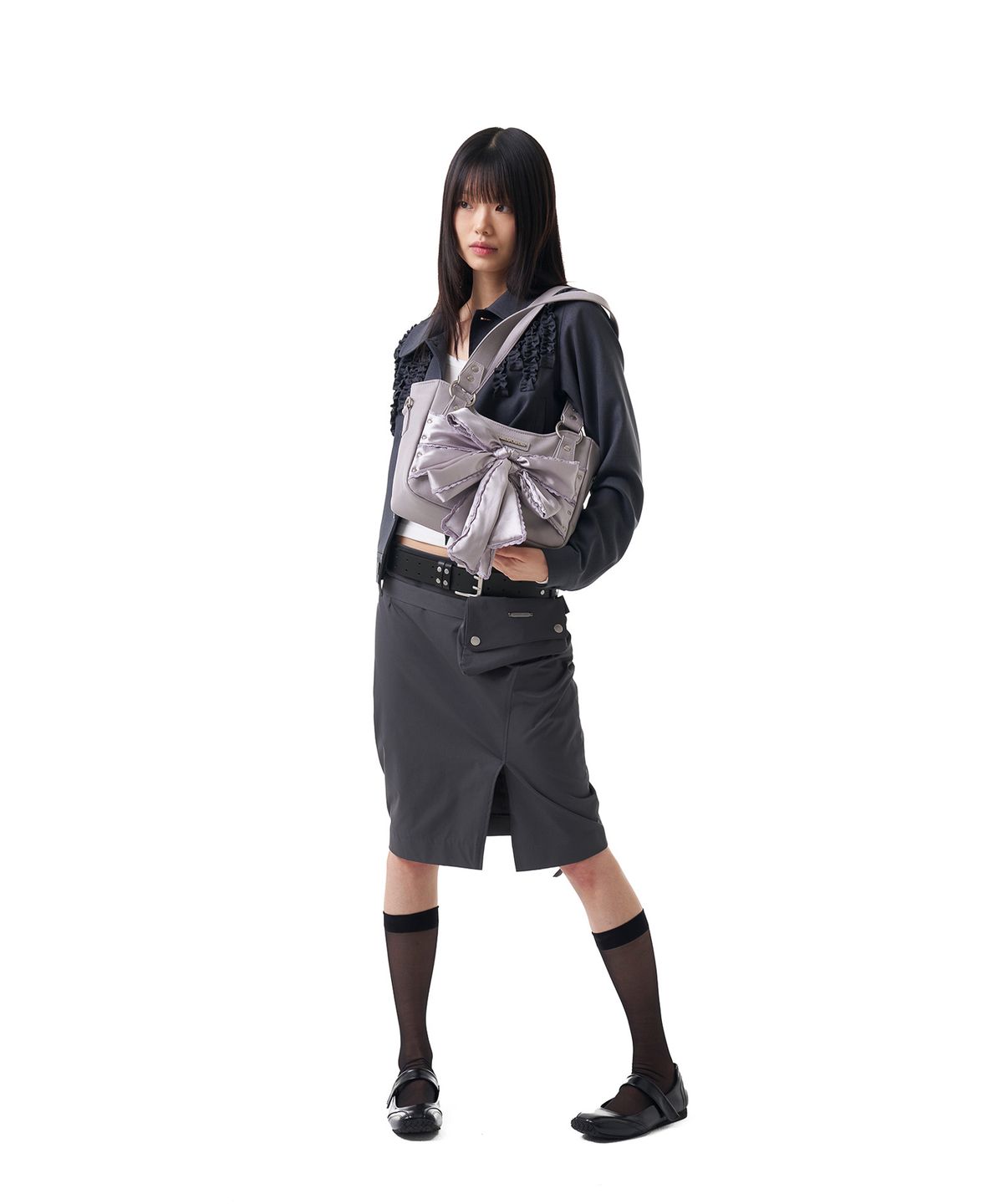 이우가마카라스(IUGAMAKARAS) Belted Bag Midi Skirt (Dark Gray)