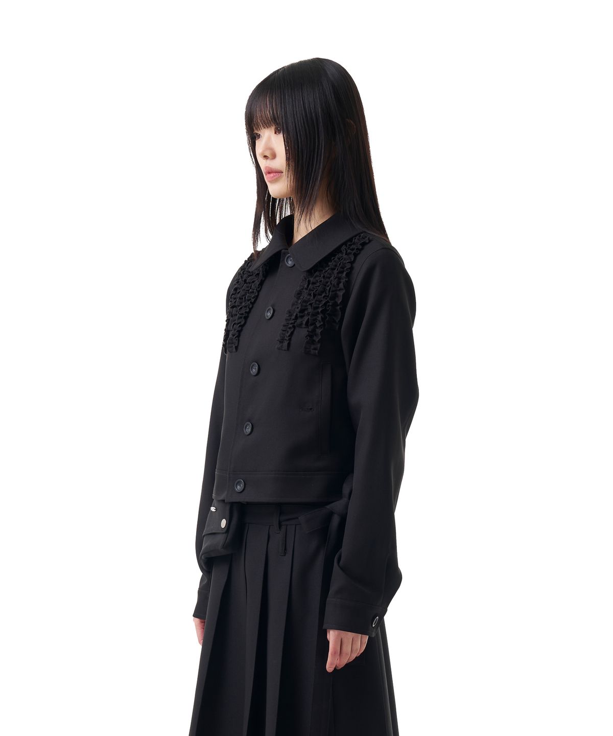 이우가마카라스(IUGAMAKARAS) Frilled Button Jacket (Black)