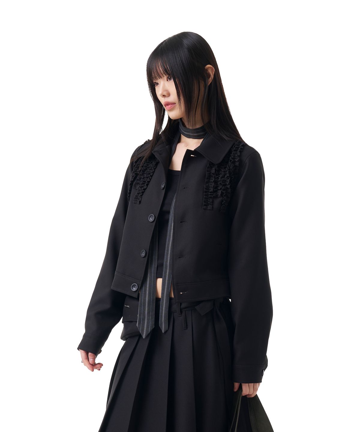 이우가마카라스(IUGAMAKARAS) Frilled Button Jacket (Black)
