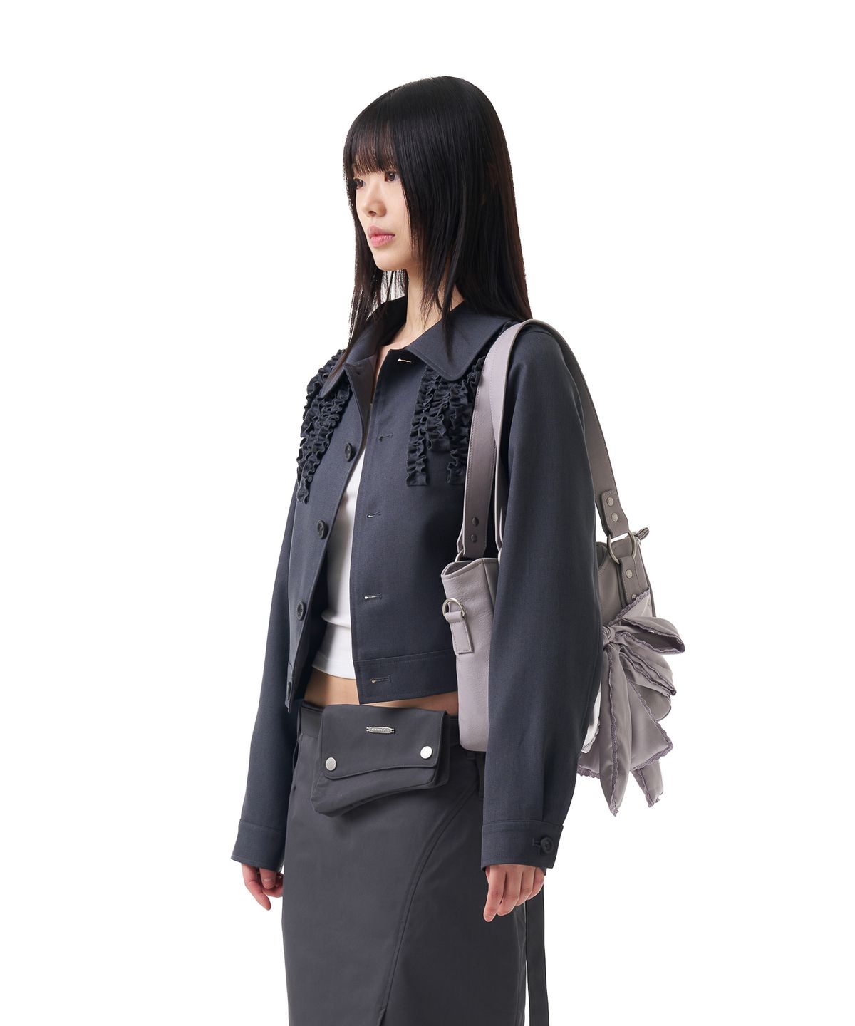이우가마카라스(IUGAMAKARAS) Frilled Button Jacket (Dark Gray)