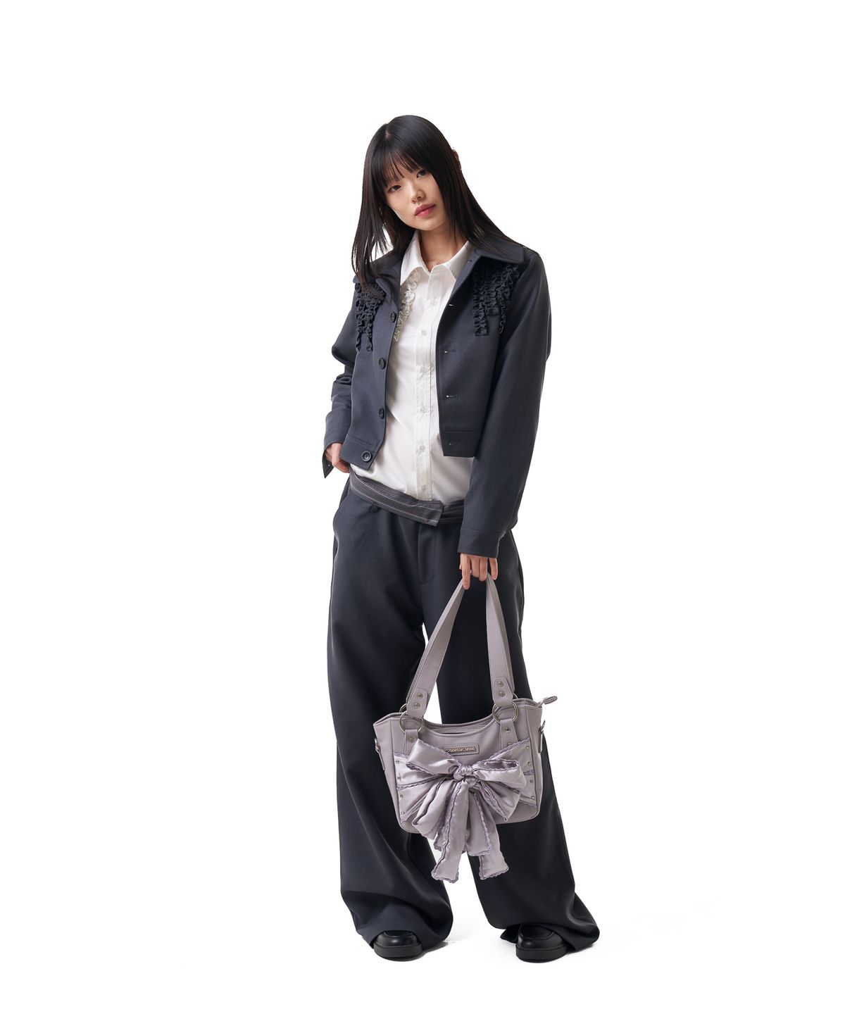 이우가마카라스(IUGAMAKARAS) Frilled Button Jacket (Dark Gray)
