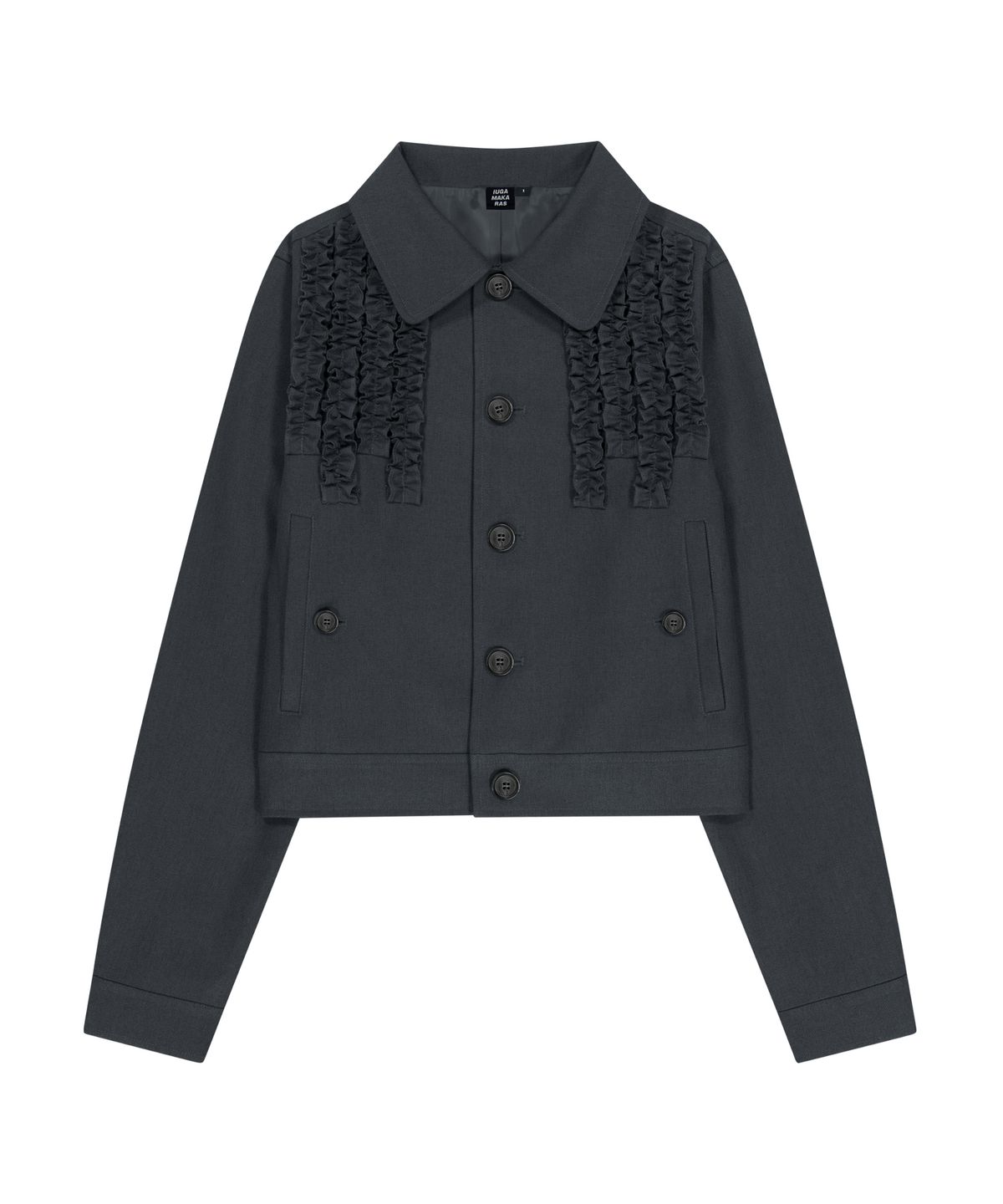 이우가마카라스(IUGAMAKARAS) Frilled Button Jacket (Dark Gray)