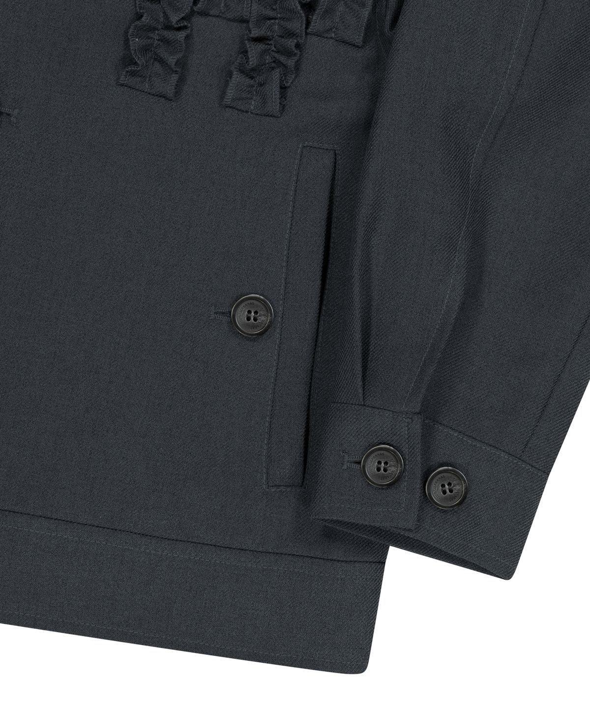 이우가마카라스(IUGAMAKARAS) Frilled Button Jacket (Dark Gray)
