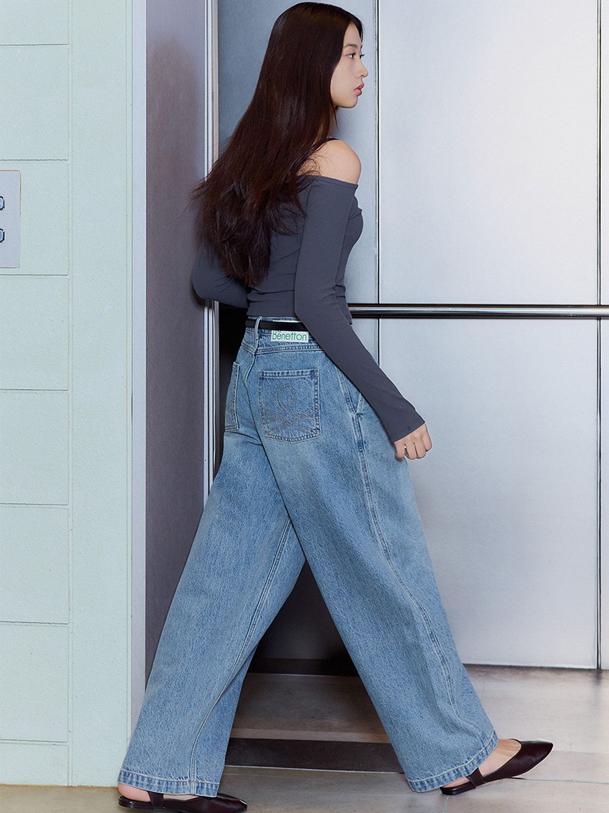 비플랫 베네통(Bb' BENETTON) 와이드 워시드 데님 팬츠 (Light Blue)