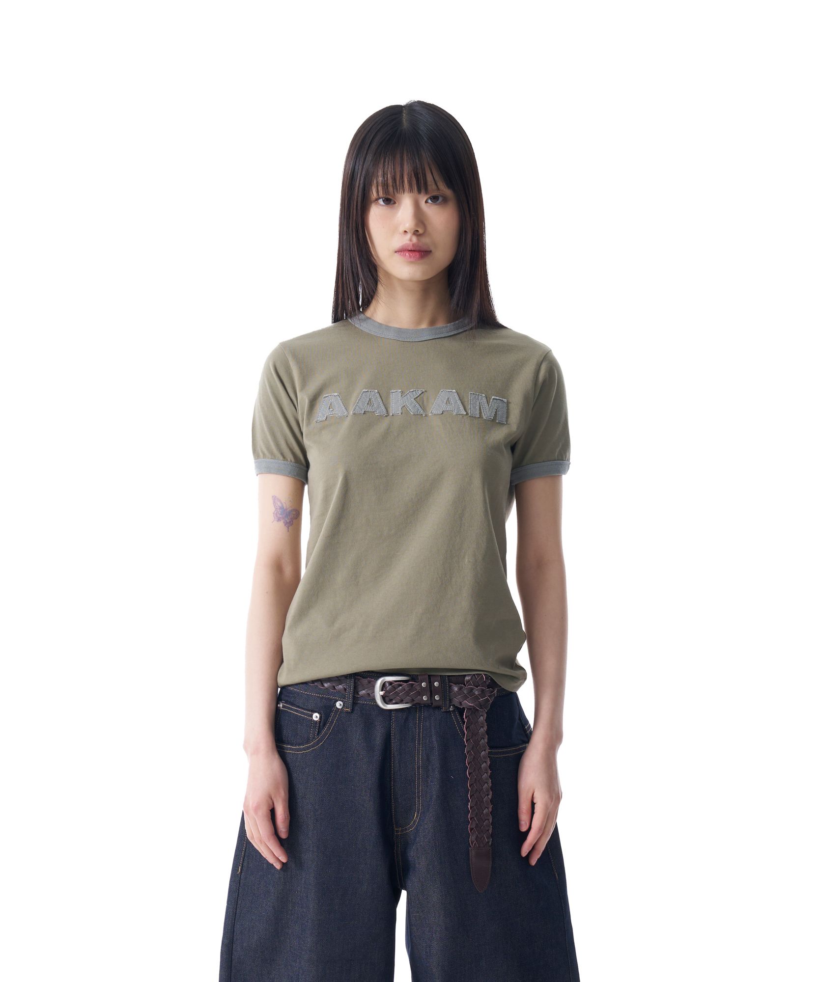 MUSINSA公式 | AAKAM Logo Patch Ringer Top (Khaki-Gray)