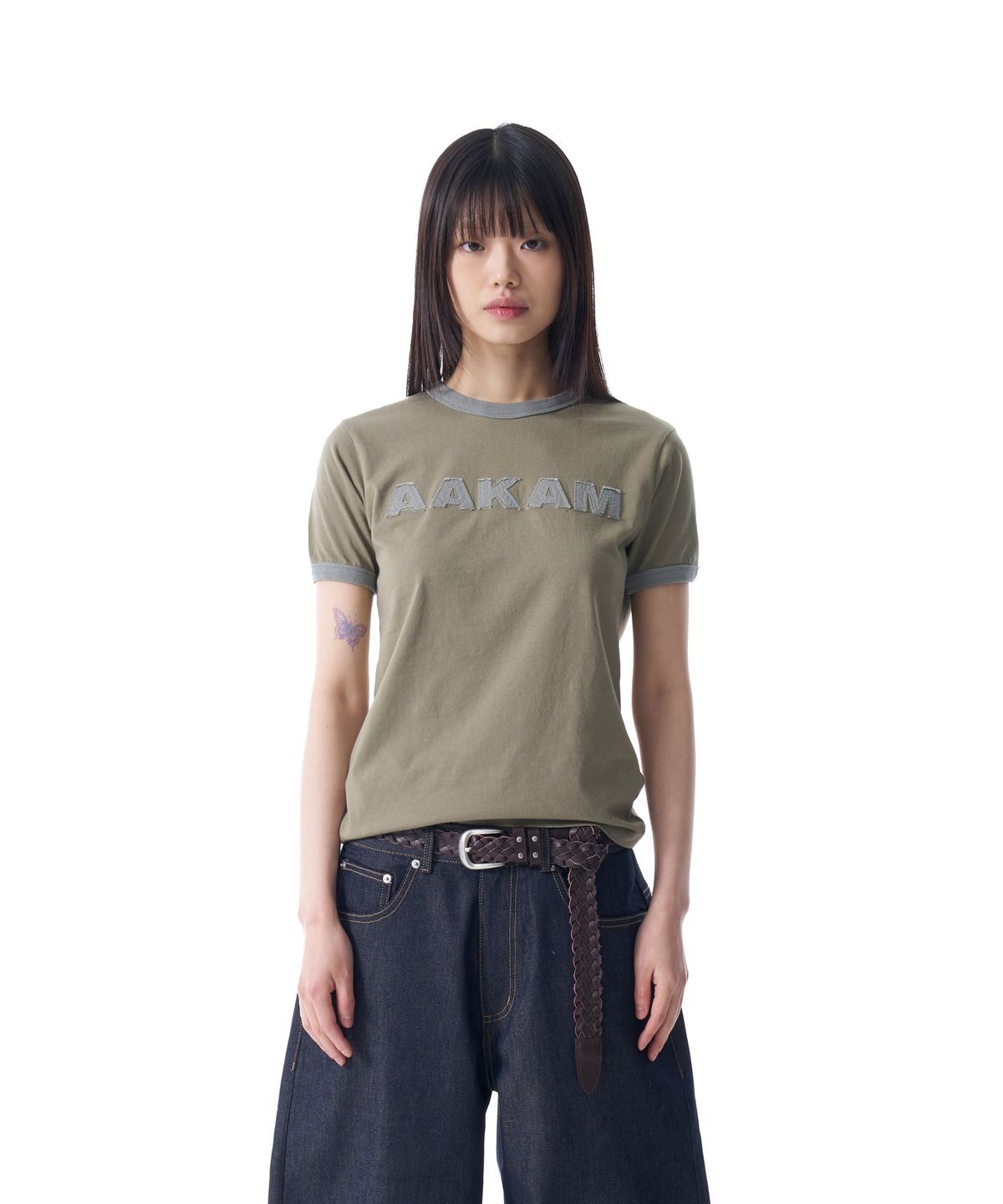 아캄(AAKAM) Logo Patch Ringer Top (Khaki-Gray)
