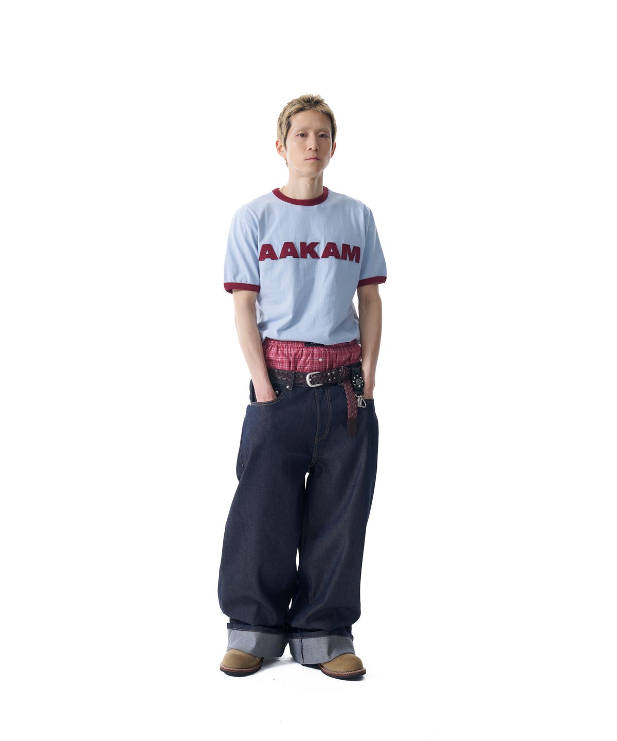 아캄(AAKAM) Logo Patch Ringer Top (Sky Blue-Wine)