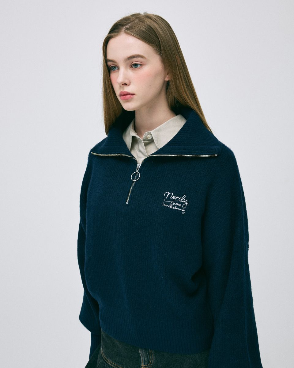 MUSINSA | NDY Women's Lovely Letter Wool Blend Half Zip-Up Sweater