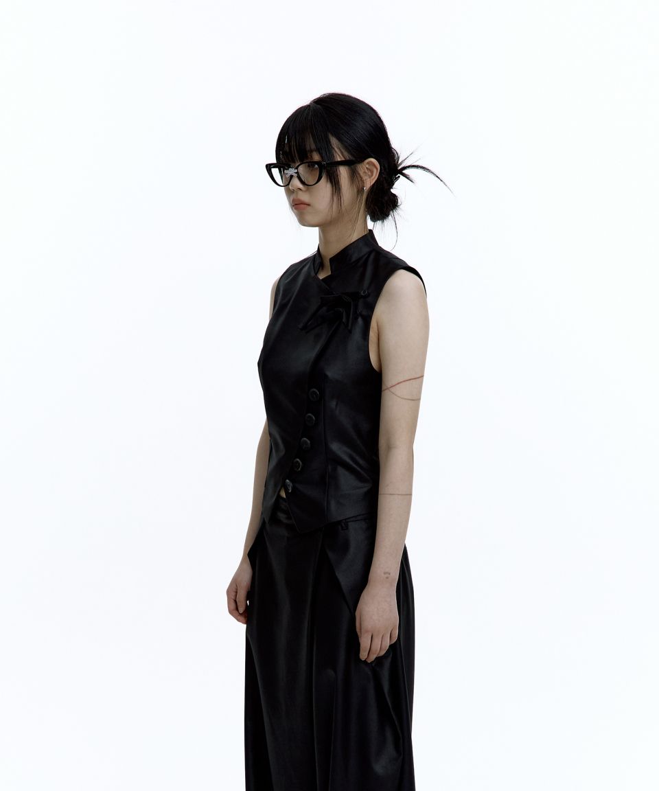 MUSINSA公式 | KASHIKO Preppy China Collar Vest Black