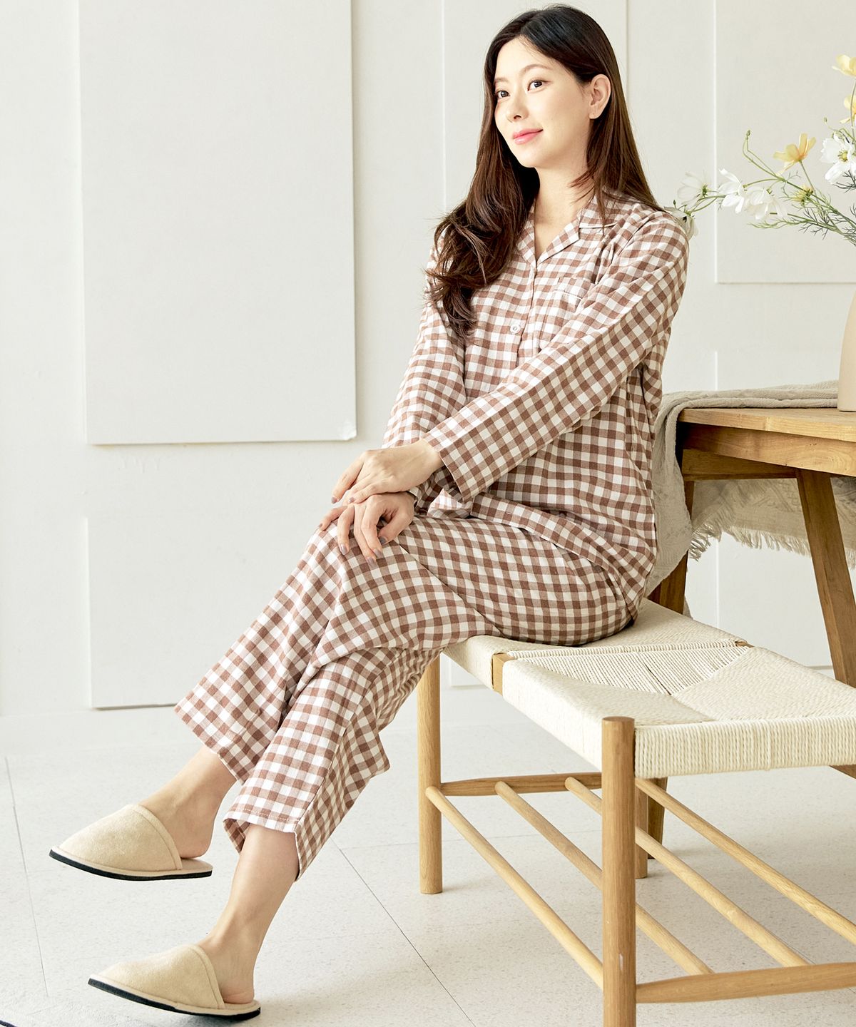 핑코코(PINGCOCO) 142 브라운피치심플체크 긴소매 여성 파자마세트