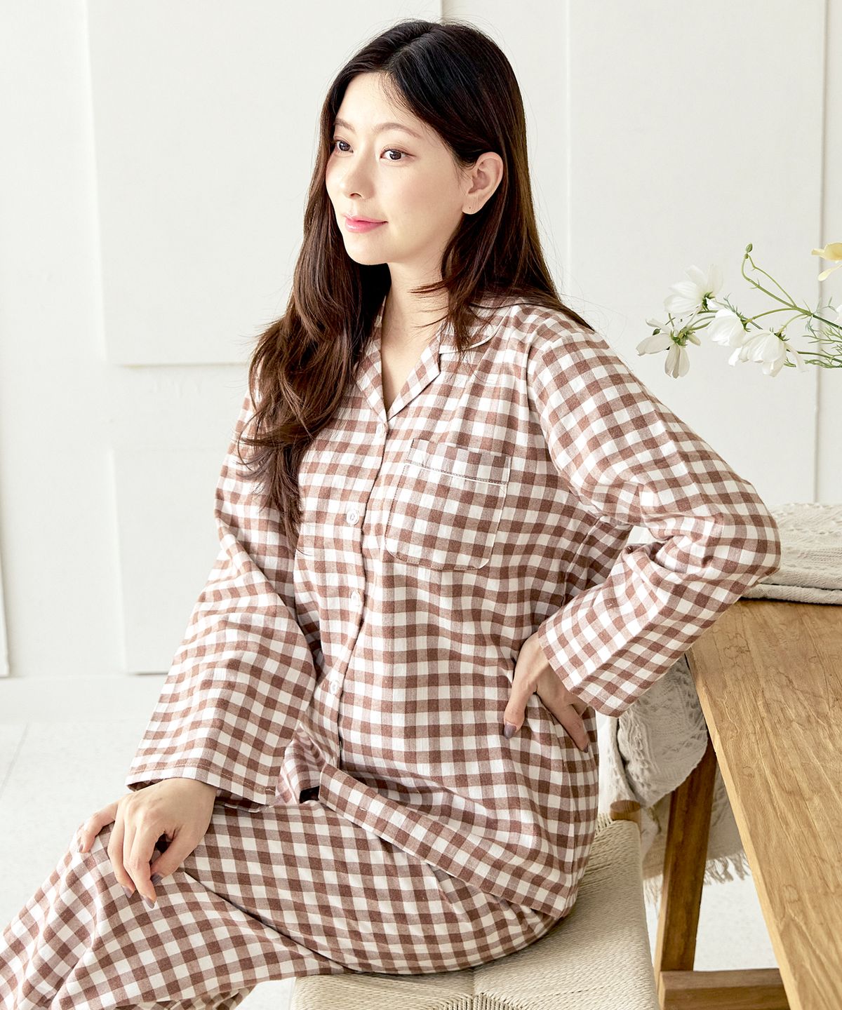 핑코코(PINGCOCO) 142 브라운피치심플체크 긴소매 여성 파자마세트