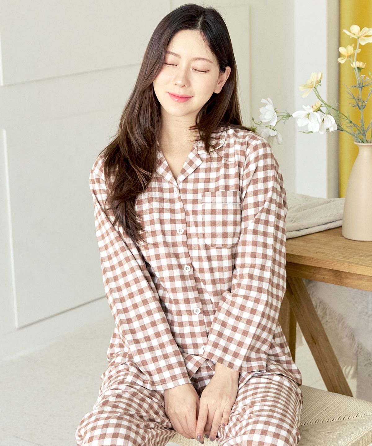 핑코코(PINGCOCO) 142 브라운피치심플체크 긴소매 여성 파자마세트
