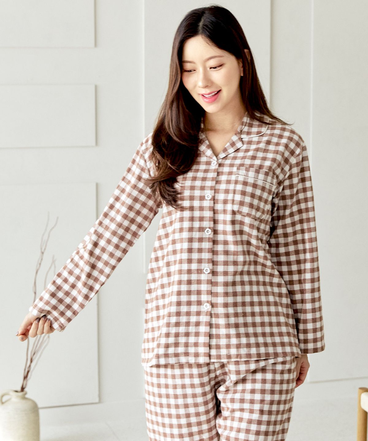 핑코코(PINGCOCO) 142 브라운피치심플체크 긴소매 여성 파자마세트