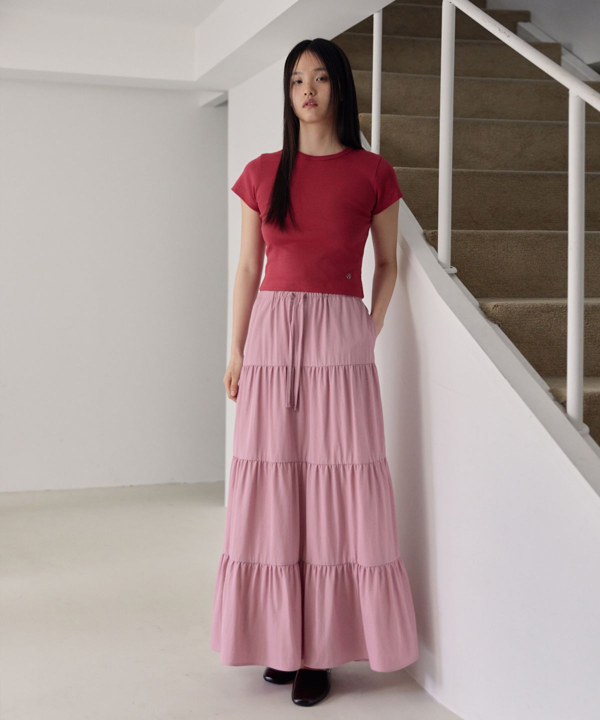 38컴온커먼(38COMEONCOMMON) Shirring Tiered Banding Skirts (Dusty Pink)