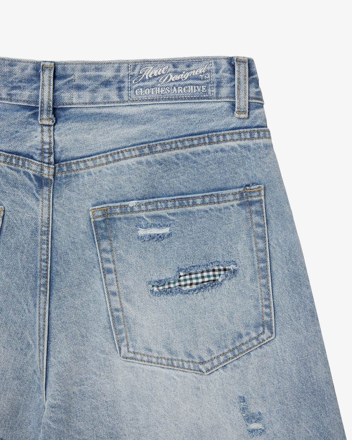 에이이에이이(AEAE) CHECK PATCHWORK DENIM PANTS [LIGHT BLUE]