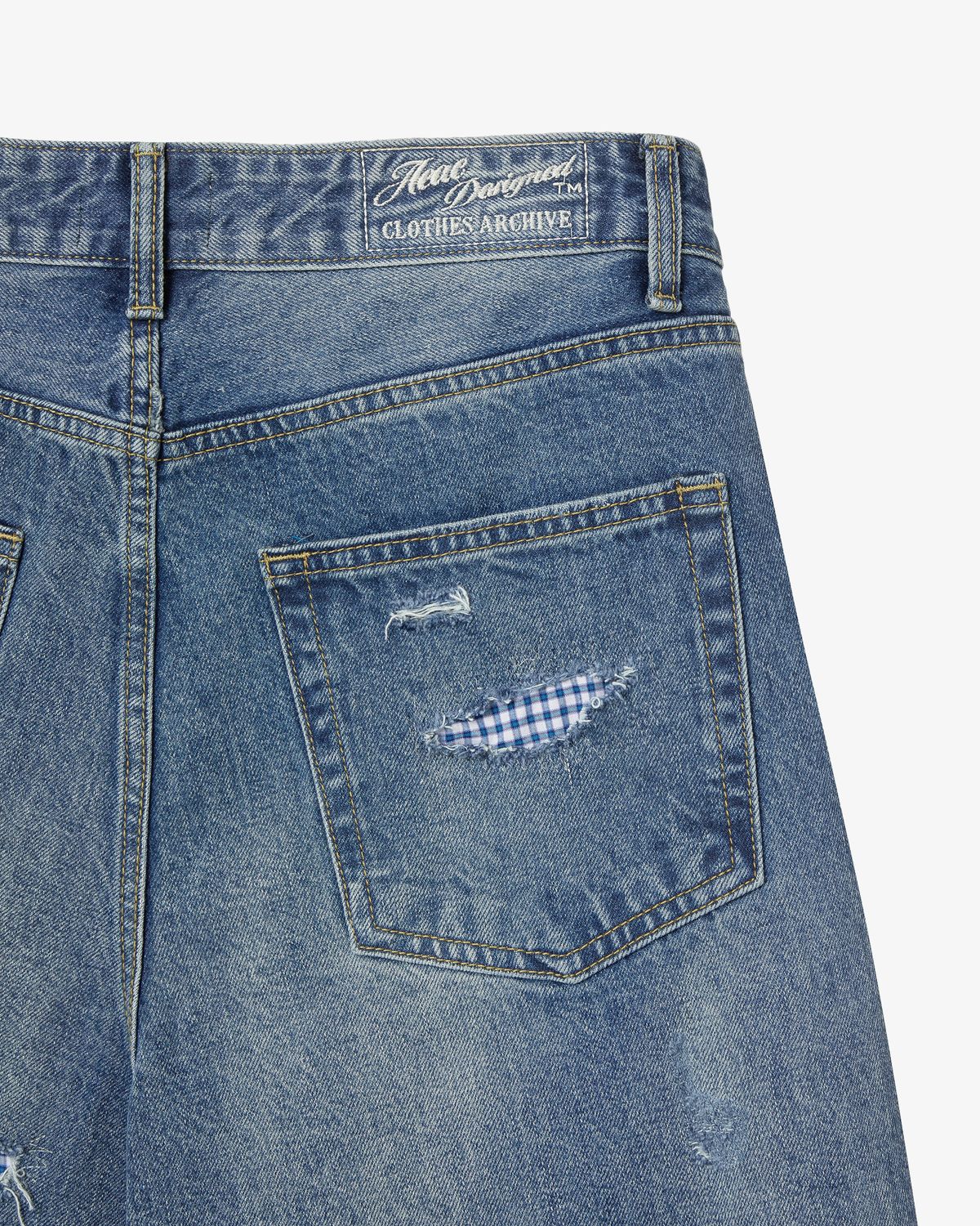 에이이에이이(AEAE) CHECK PATCHWORK DENIM PANTS [MID BLUE]