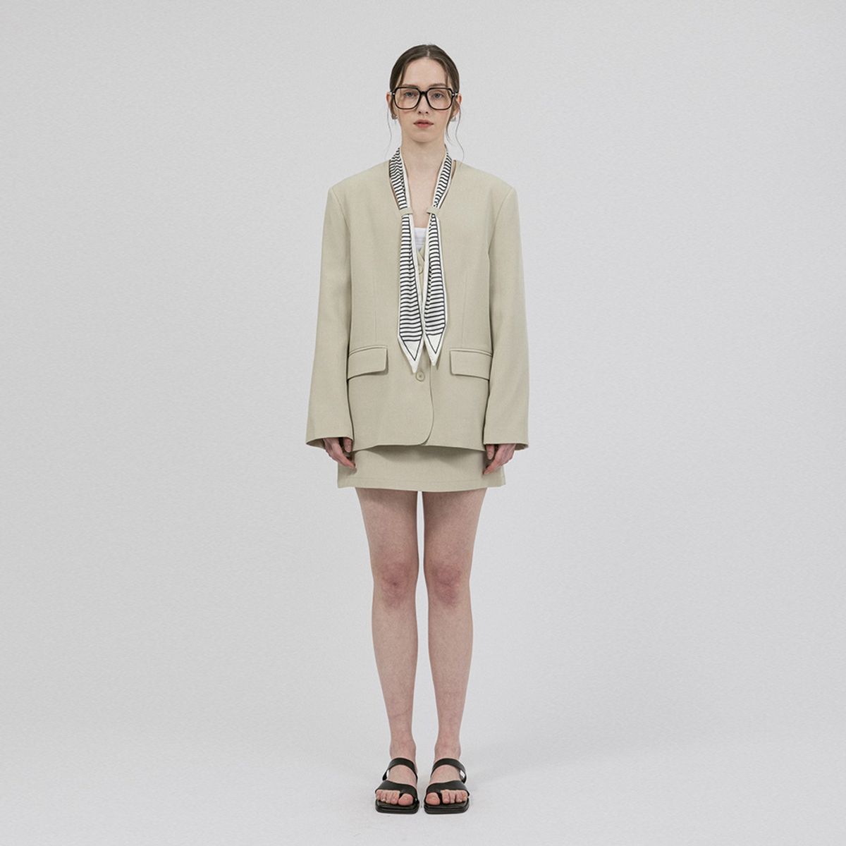 웬스데이딜라잇(WEDNESDAY DELIGHT) WD_Striped scarf jacket and skirt set_LIGHT BEIGE