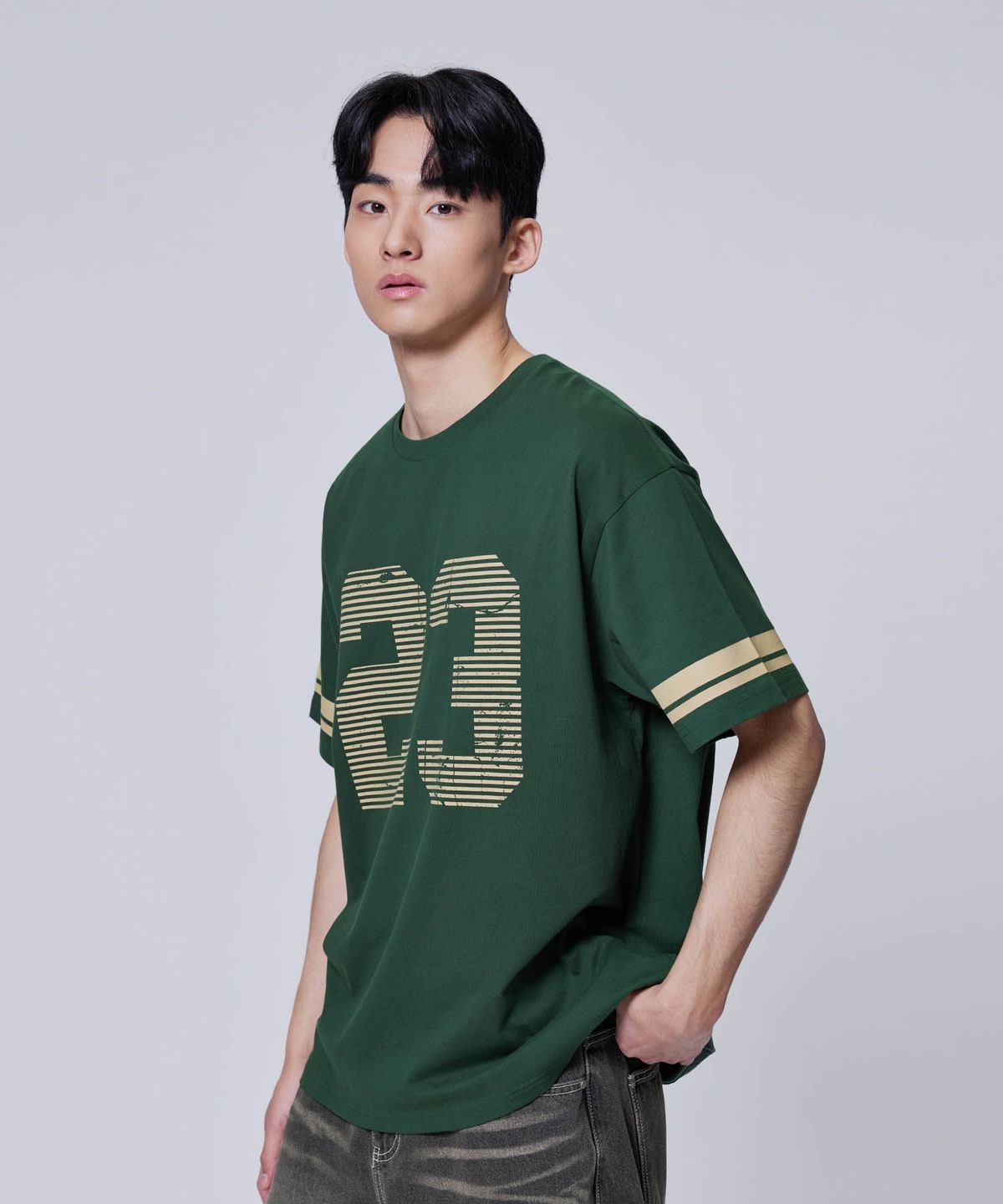 에이지오디(AGOD) 오버핏 빈티지 럭비 반소매 티셔츠 [딥그린]