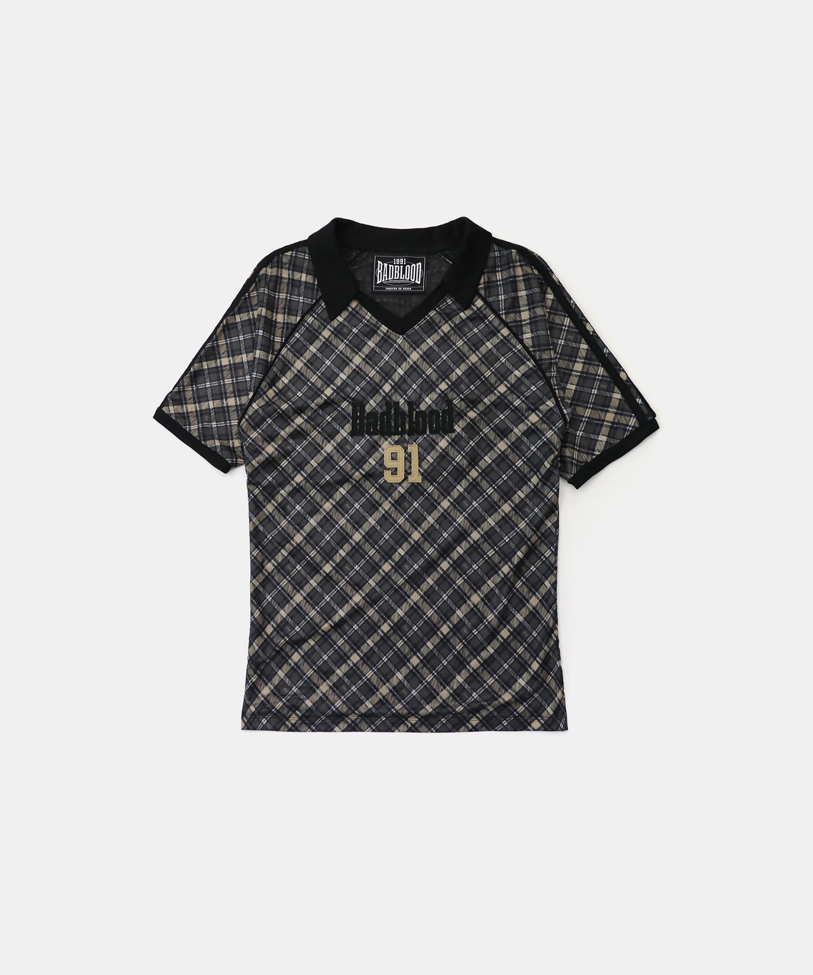 BADBLOOD ♥ Vintage Club V-Neck Check T-Shirt /追跡付 MUSINSA | BADBLOOD Vintage Club V-Neck Check T-Shirt - Black