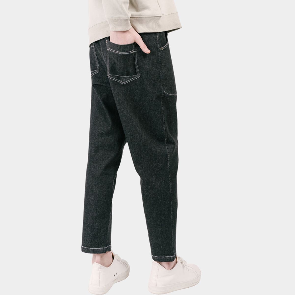 커스텀어스(CUSTOMUS) 화이트스티치 쎄미 배기핏 남자 밴딩 데님 팬츠 CXS25MWPT419 BLA