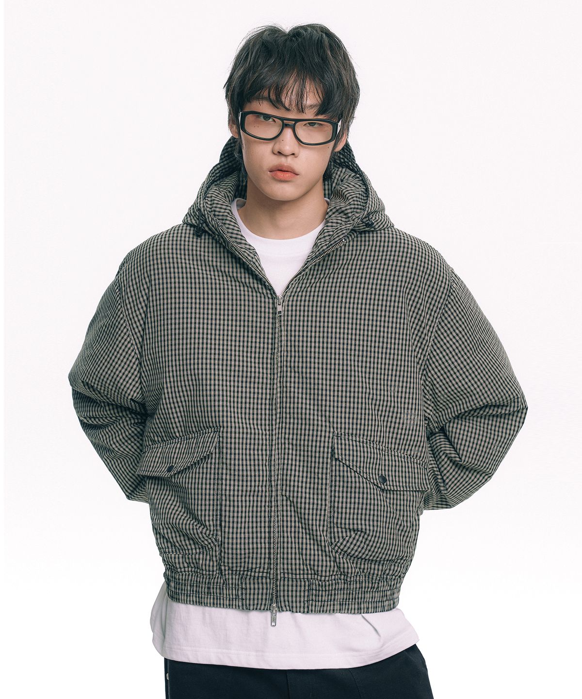 엠오오(MOO) 체크 후드 윈드브레이커 점퍼- 블랙
