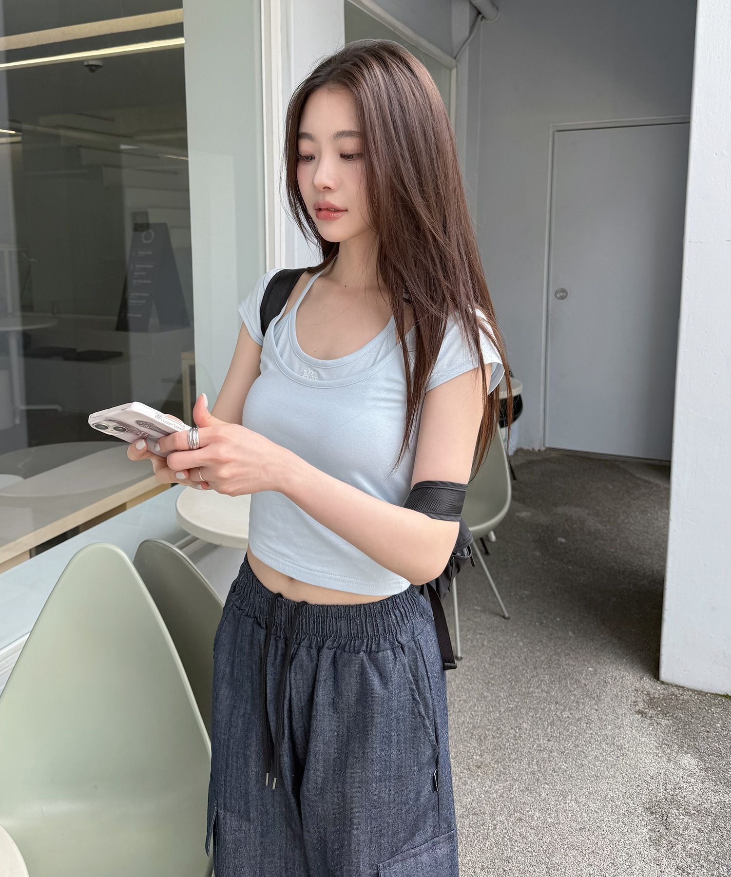 MUSINSA | MUAHMUAH Layered Strap Short Sleeve T-Shirt [Sky Blue]
