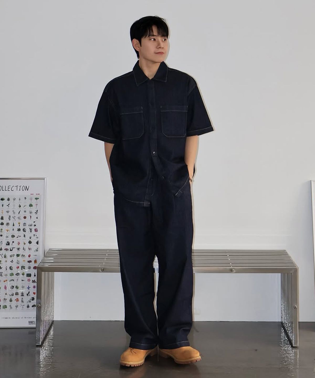 마인드브릿지(MINDBRIDGE) [COUTURE]논 페이드 데님 오버핏 반팔셔츠
