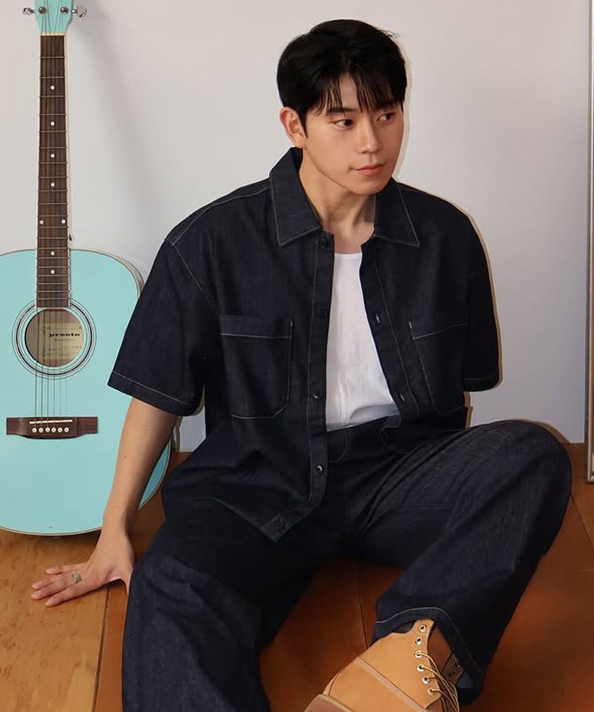 마인드브릿지(MINDBRIDGE) [COUTURE]논 페이드 데님 오버핏 반팔셔츠