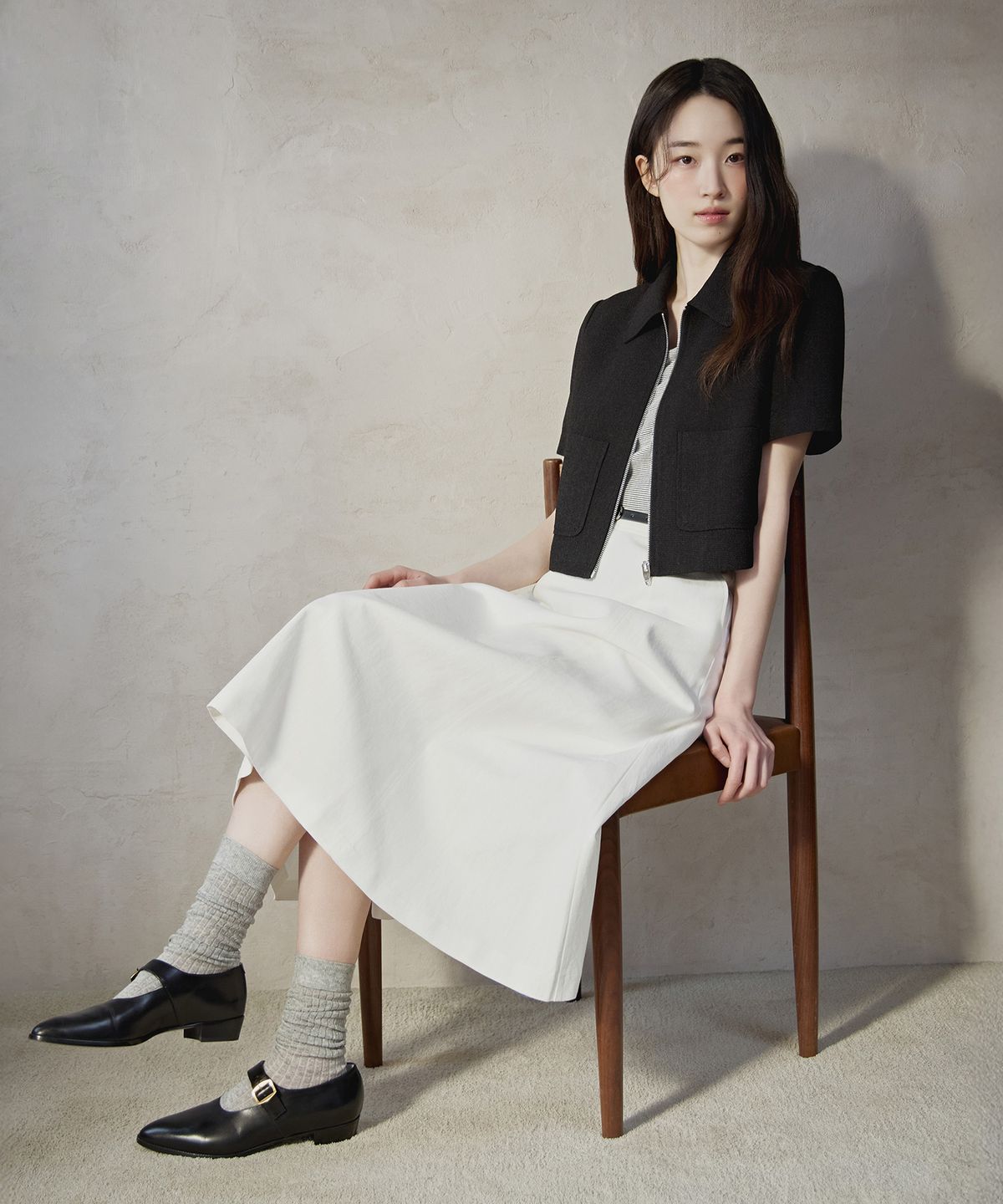 마인드브릿지 우먼(MIND BRIDGE WOMEN) [W]트위드 카라 집업 반팔 자켓